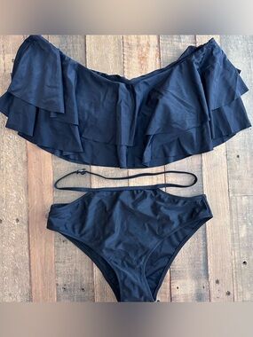 Women’s High Waisted Flounce Bikini Set (Black)